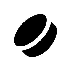 Illustration of a black hockey puck with a white stripe angled across the center on a white background