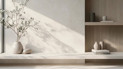 A minimalist and modern composition with a flower arrangement and decorative elements.