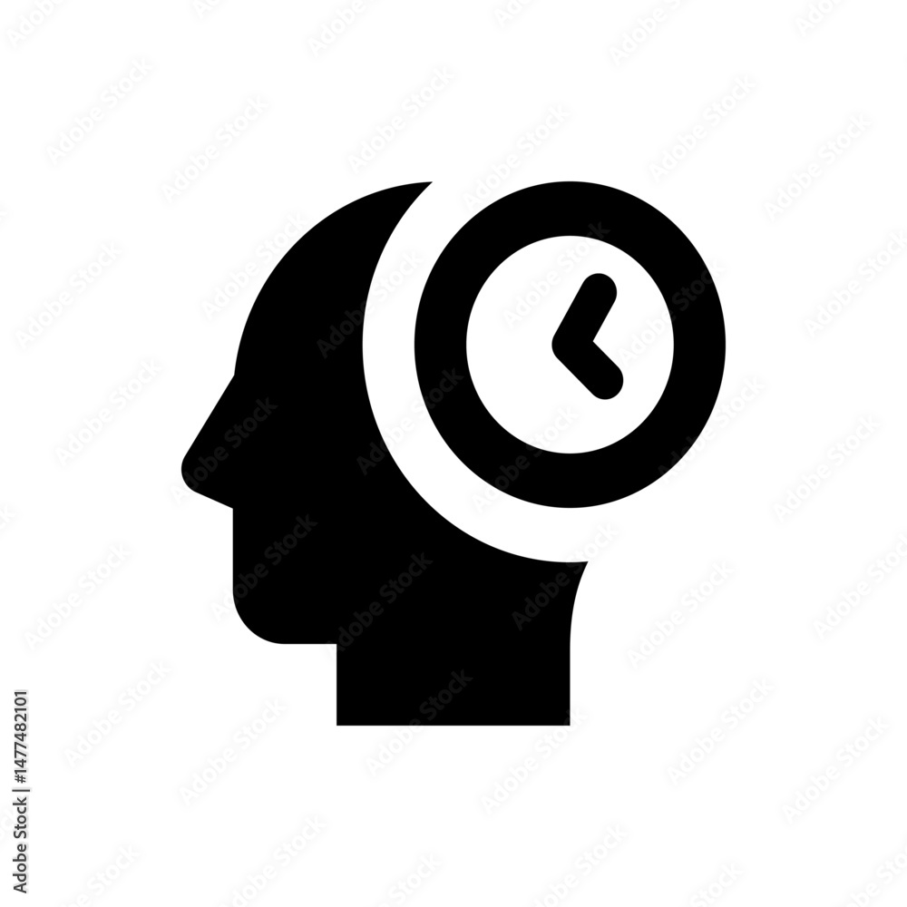 Poster silhouette of a head with a clock inside representing time management and scheduling for productivit
