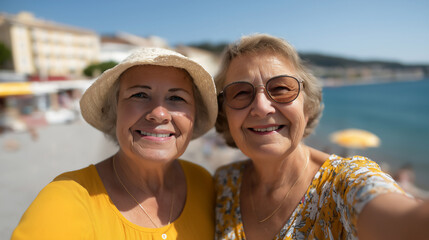 Portrait of two senior Caucasian women taking a selfie photo at the beach while on vacation, active retirement lifestyle