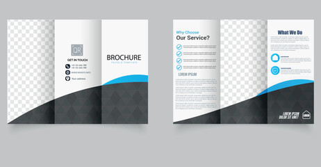 Professional trifold brochure layout with modern minimalist wave design in blue, white, and black colors. Perfect for corporate services, real estate, technology, or marketing agencies