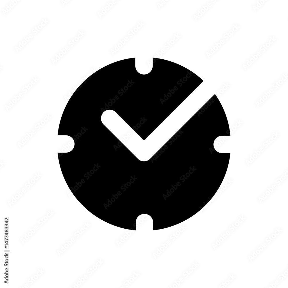 Poster clock icon with check mark indicating time completion or scheduled task finished representation exac