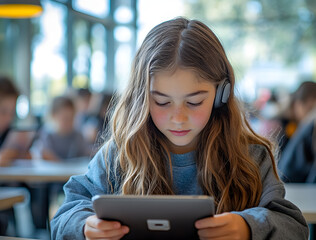 Student with hearing aid using tablet and speech-to-text app in an inclusive classroom learning environment.