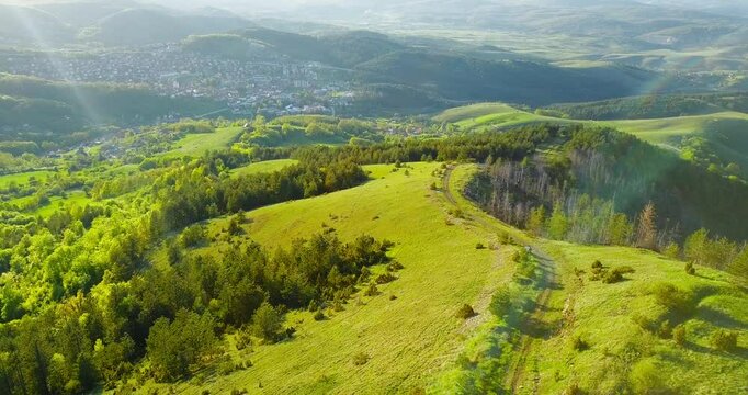 Aerial nature summer landscape flight over picturesque mountains forests meadows