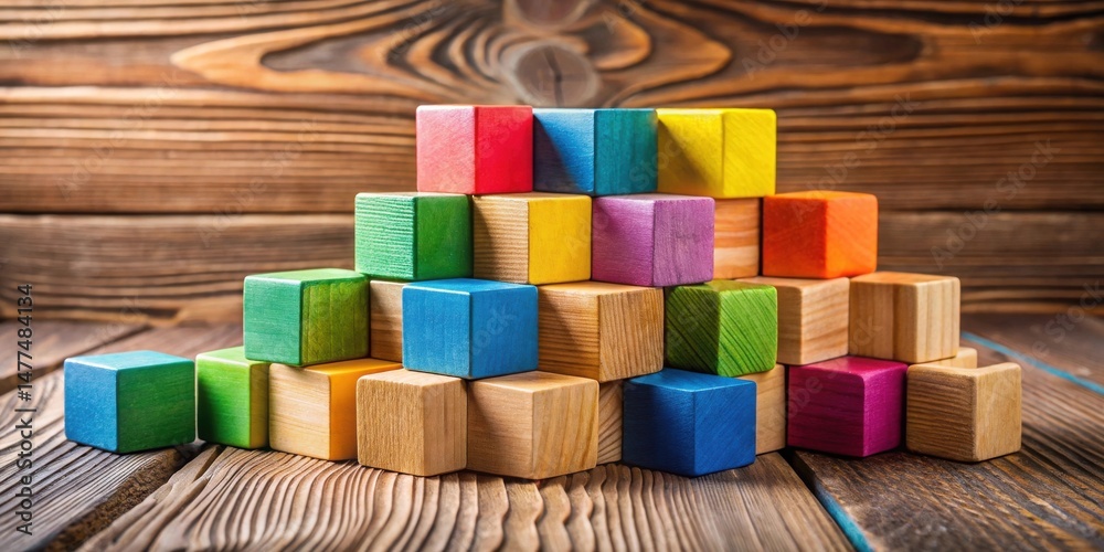 Poster A Colorful Arrangement of Wooden Cubes Stacked in a Pyramid Shape on a Rustic Wooden Surface