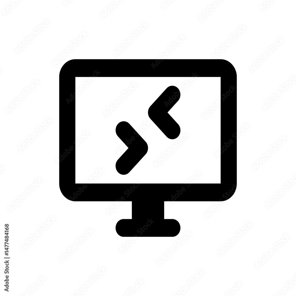 Poster black computer monitor displaying coding symbols on a white screen with a black stand at the bottom 