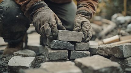 Construction Worker Laying Stone Bricks