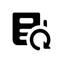Black document icon with horizontal lines and a circular arrow pointing downward to the right side icon