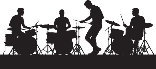 Musical band playing drums and cymbals, vector silhouette illustration.