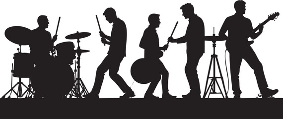 Musical band playing drums and cymbals, vector silhouette illustration.