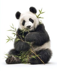 Obraz premium Adorable panda bear sitting and munching on bamboo, surrounded by a clean white background
