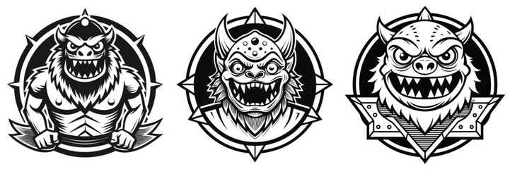 Three monstrous creature illustrations, each within a circular emblem featuring sharp points, showcase unique designs in black and white.