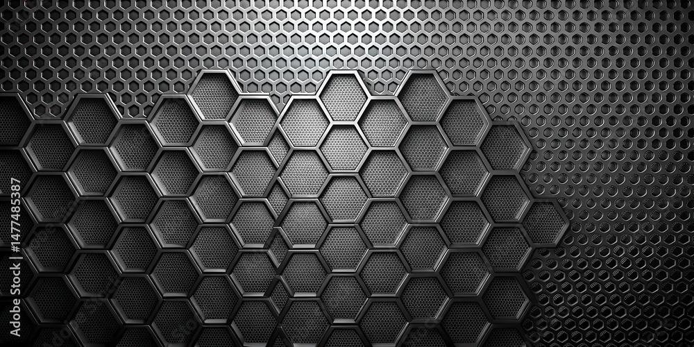Poster abstract metallic hexagonal grid pattern background, featuring a textured surface with contrasting d