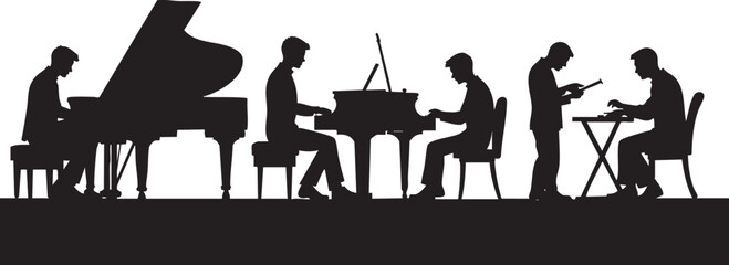 Piano players silhouettes isolated on white background, vector illustration