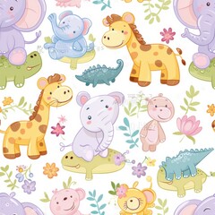 Obraz premium seamless repeating pattern of cute cartoon elephants, giraffes, lions, zebras, and crocodiles, soft pastel colors