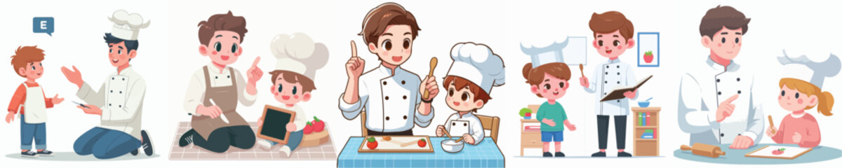 chef character vector interacting with children