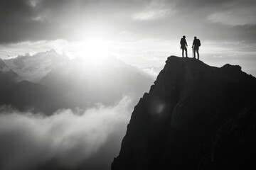 Silhouetted Hikers on Mountain Peak