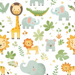 Naklejka premium seamless repeating pattern of cute cartoon elephants, giraffes, lions, zebras, and crocodiles, soft pastel colors