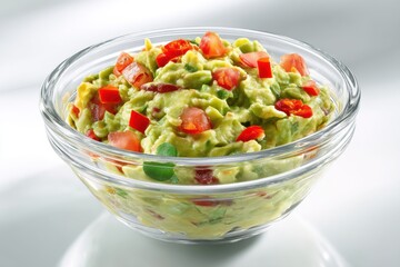 Guacamole in a transparent bowl on white background around, Light Colors, High-Key Lighting,