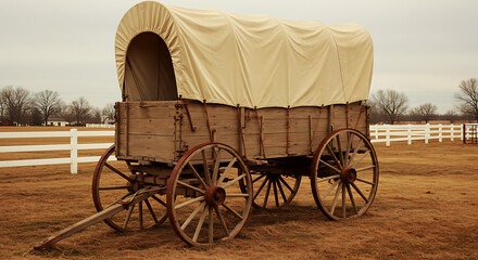 Covered wagon, vintage historical vehicle standing in field, suitable for history and travel themes