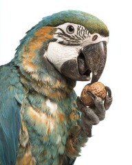 Colorful macaw holding a nut in its beak, against a white background, showcasing its vibrant feathers