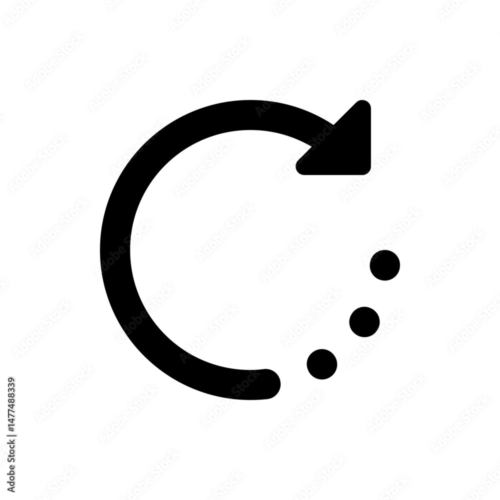 Aufkleber circular arrow with a pointed head rotating clockwise and three dots trailing behind it on a white b