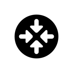 Illustration of a black circle containing four white arrows pointing inwards to a central point design