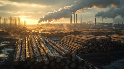 Industrial landscape at sunrise, stacked logs and smoky factory.
