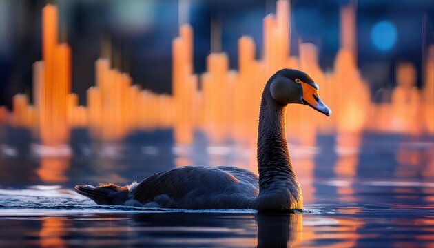 A lone black swan glides against a glowing market graph skyline, symbolizing the unpredictability of financial events and rare market shocks