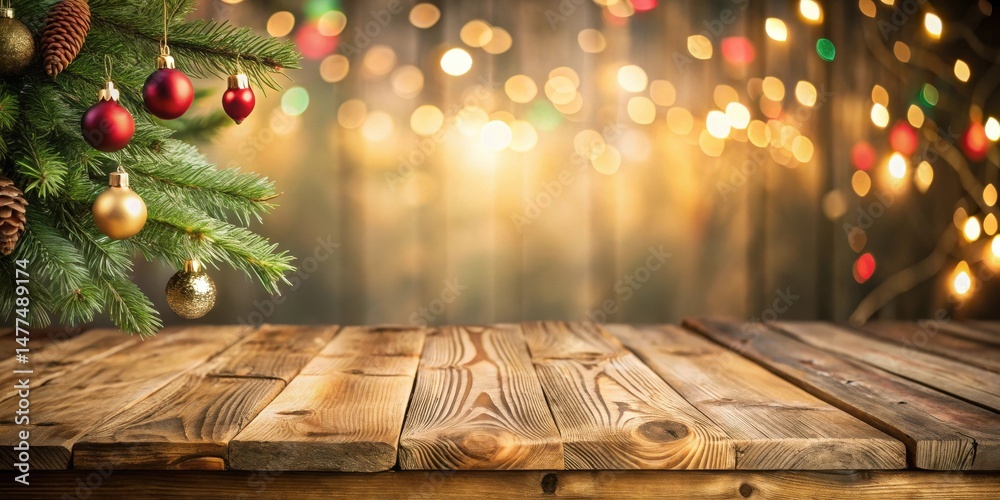 Poster Rustic Wooden Tabletop with Festive Evergreen Branch and Ornaments Against a Sparkling Lights Background