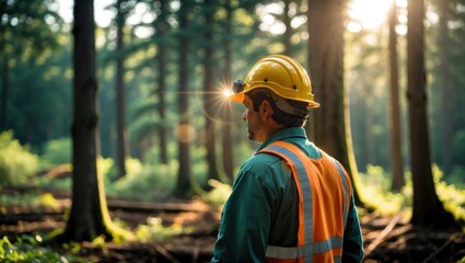 A male forester wearing a yellow helmet and safety vest stands in a forest during sunset, surrounded by trees, creating a serene atmosphere