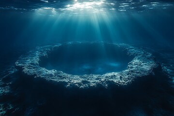 Sunbeams illuminate a circular reef formation on the seabed