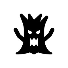 An illustration of a spooky tree monster with sharp teeth and menacing eyes in solid black color showing
