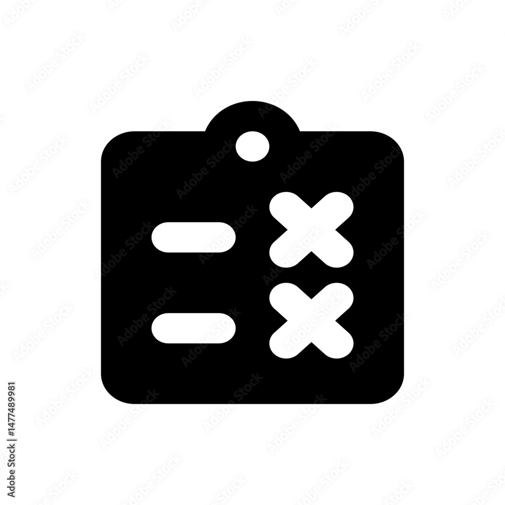 Poster black clipboard icon with rounded edges showing two horizontal lines and two x marks with a white ci