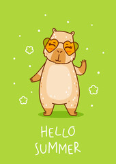 Cute сartoon capybara with sun glasses on green background - funny animal for Your happy summer greeting card design