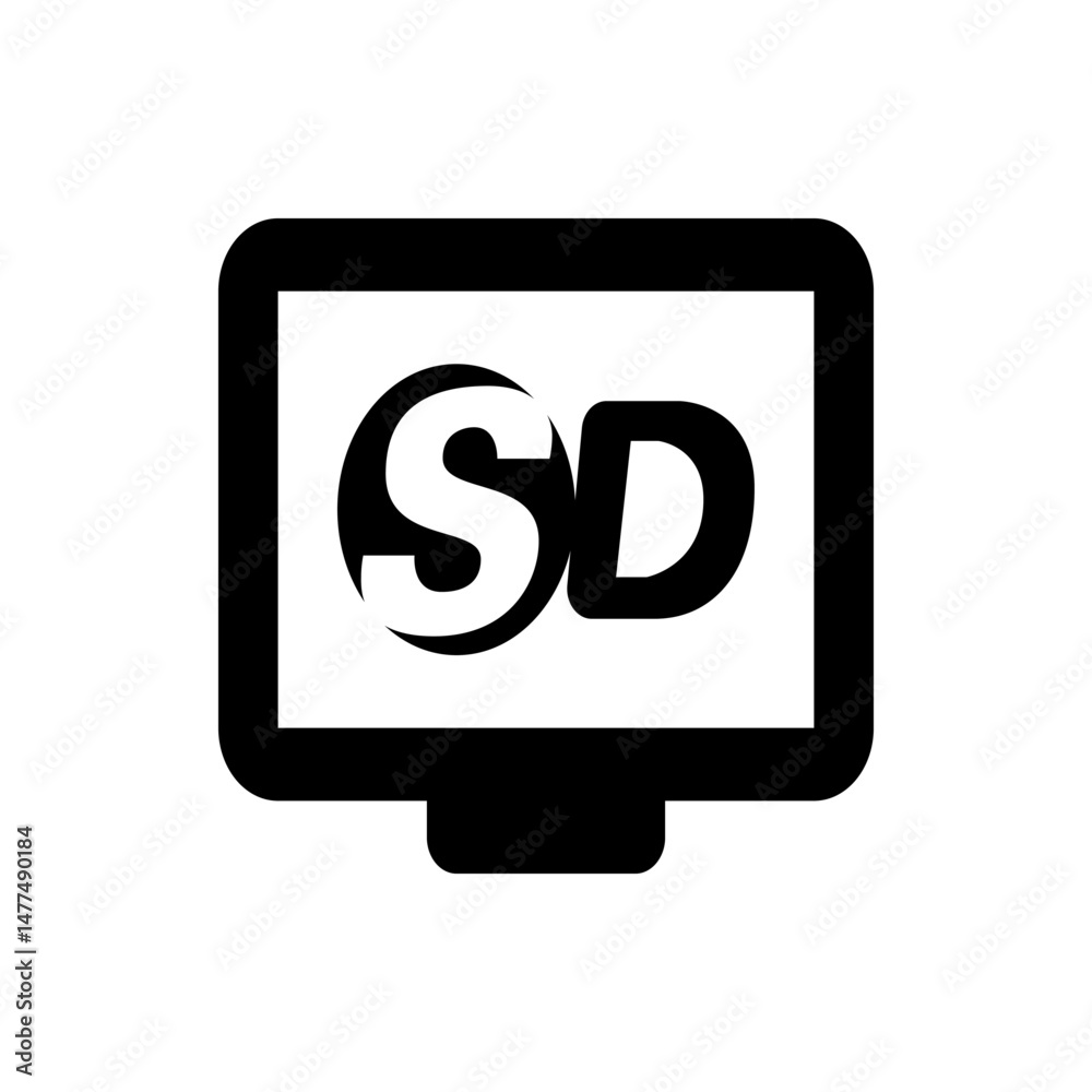 Poster black and white monitor displaying the letters sd with a circular design element on the screen icon 