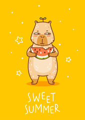 Cute сartoon capybara with watermelonon yellow background - funny animal for Your happy summer greeting card design