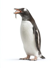 Obraz premium A penguin standing upright with a fish in its beak, set against a plain white background