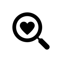 A black and white graphic featuring a heart shape inside a magnifying glass, symbolizing searching for love
