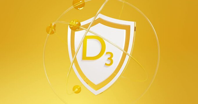 d3 inscription on a shield with atoms spinning around it, looped 3d rendering of Cholecalciferol on an orange background