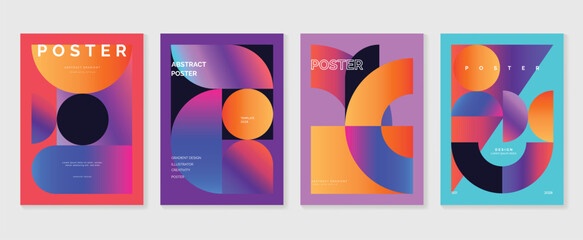 Abstract gradient poster background vector set. Minimalist style cover template with vibrant perspective 3d geometric prism shapes collection. Ideal design for social media, cover, banner, flyer.