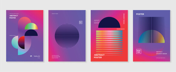 Abstract gradient poster background vector set. Minimalist style cover template with vibrant perspective 3d geometric prism shapes collection. Ideal design for social media, cover, banner, flyer.