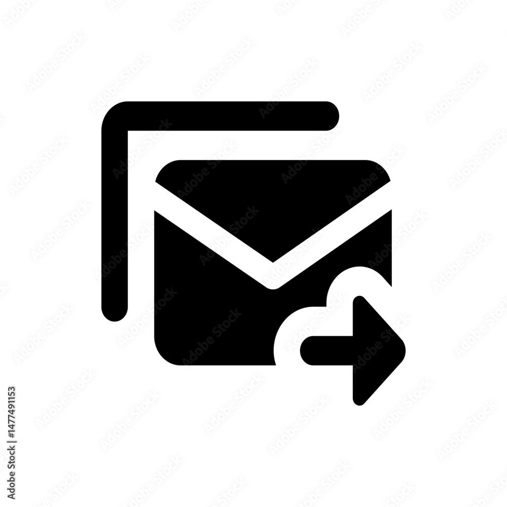 Poster black email icon with arrow pointing right indicating sending with a second email behind it icon des