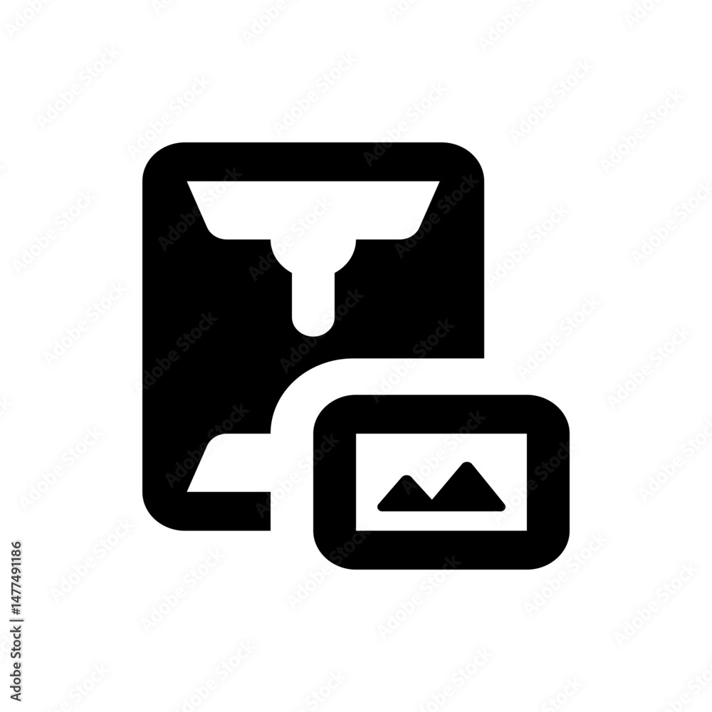 Poster black and white icon showing a document with an image attached, indicating file import and attachmen