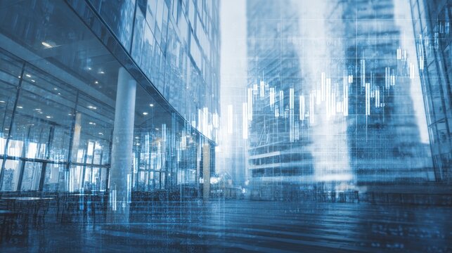 Modern glass building exterior with superimposed financial graph in blue tones. - Powered by Adobe