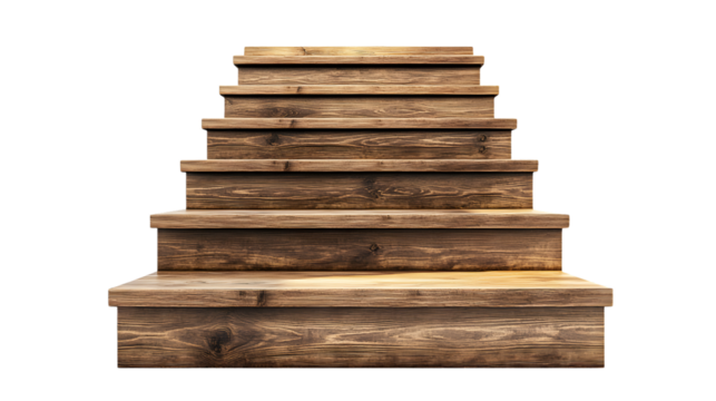 Elegant Wide-Angle Wooden Stairs Isolated on White Background