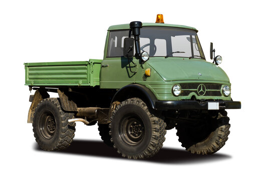 Mercedes-Benz Unimog pick-up truck isolated on transparent background. PNG	
