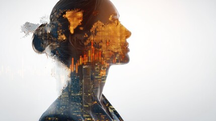 Woman's profile portrait with abstract golden and blue overlay against a white background.
