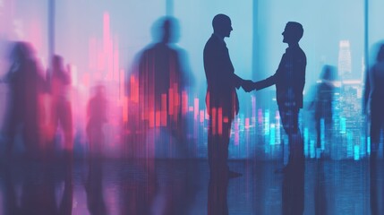 Business people shaking hands; blurred figures and cityscape background in blue and pink.