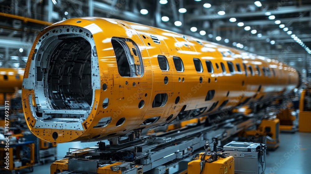 Aufkleber a large orange aircraft fuselage is being assembled in a high tech aerospace manufacturing facility.